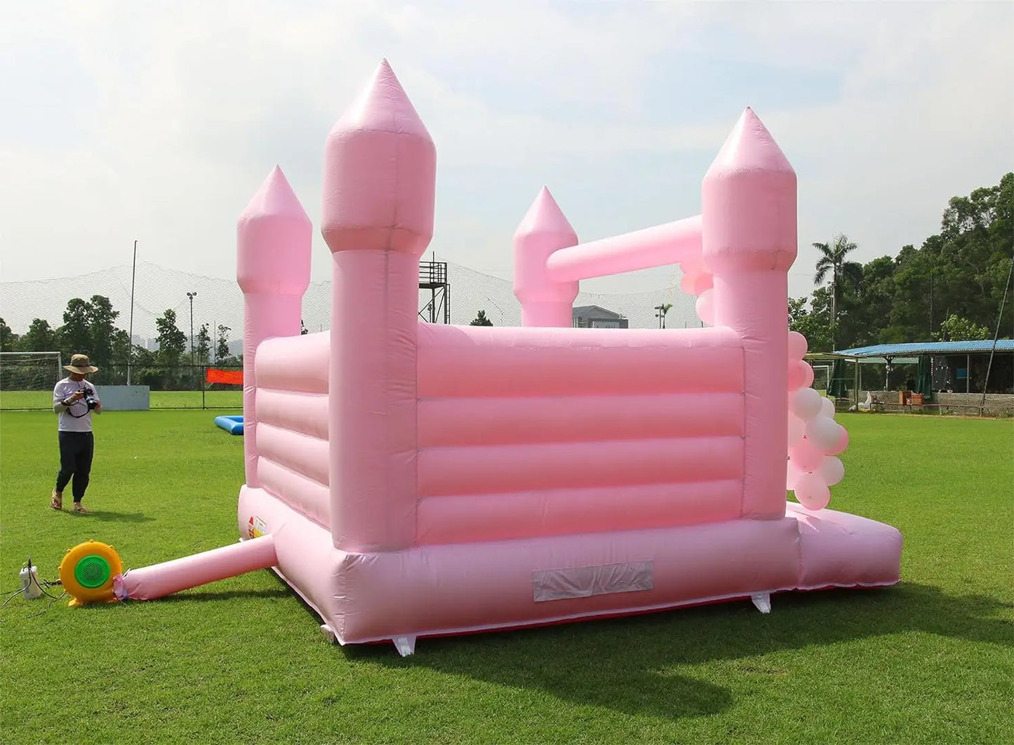 Commercial Pink Inflatable Bounce House Castle with Air Blower White Jumper Wedding Bouncy Castle with Canopy Covering