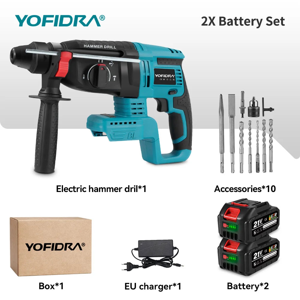 YOFIDRA Brushless Electric Hammer Impact Drill 26MM Cordless Woodworking Impact Drill Power Tools Set For Makita 18V Battery Pin