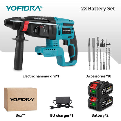 YOFIDRA Brushless Electric Hammer Impact Drill 26MM Cordless Woodworking Impact Drill Power Tools Set For Makita 18V Battery Pin