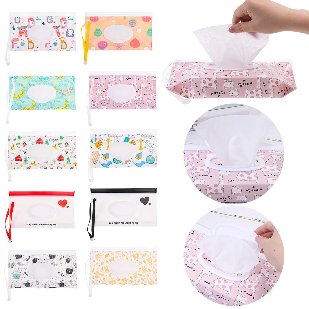 Cute EVA Baby Wet Wipe Pouch Wipes Holder Case Flip Cover Snap-Strap Reusable Refillable Wet Wipe Bag Outdoor Home Tissue Box
