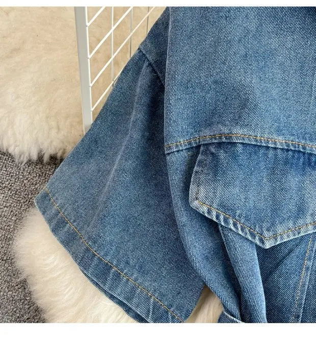 Retro Hong Kong Sle Chic Casual Mid-Length round Ne Patchwork Color Denim irt with Belt Spring New Women's Faion Top