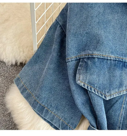 Retro Hong Kong Sle Chic Casual Mid-Length round Ne Patchwork Color Denim irt with Belt Spring New Women's Faion Top