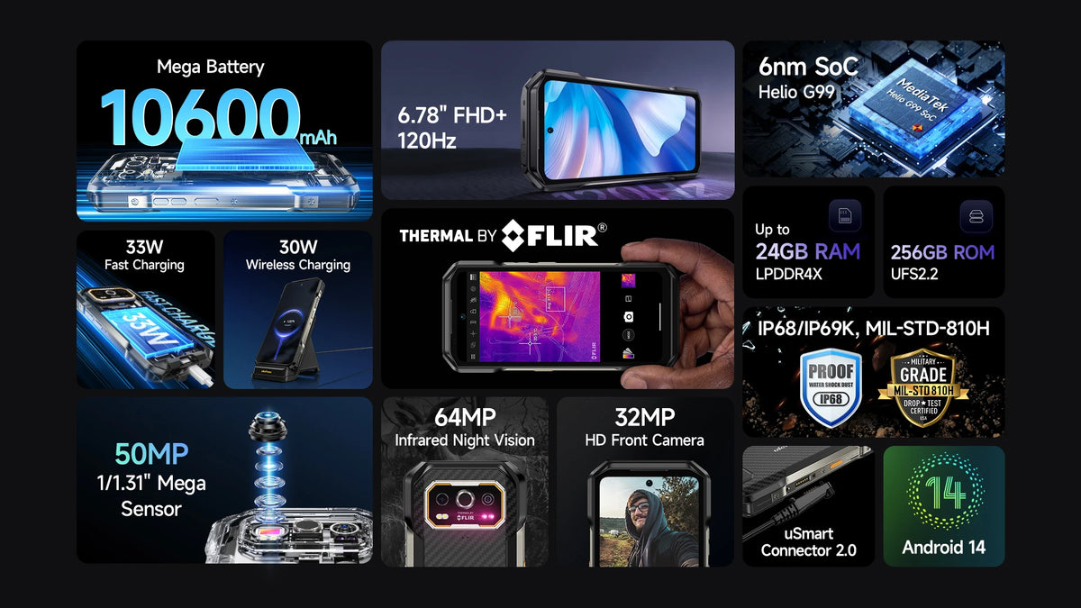 Ulefone Armor 27T 4G 10600mAh Rugged Phone Android 15 Smartphone 24GB +256GB  6.78"FHD+ 120Hz 64MP Night Vision Camera NFC