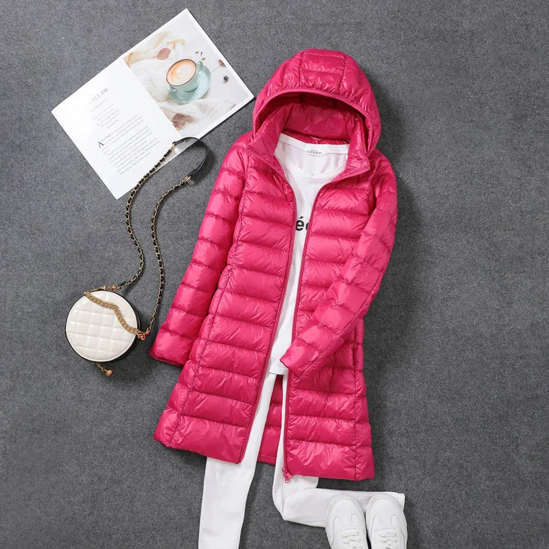 Women Ultra Light Long Down Jacket Coats Autumn Winter Loose Long Sleeve Zip Up Loose Korean Hooded Detachable Tops Outwear