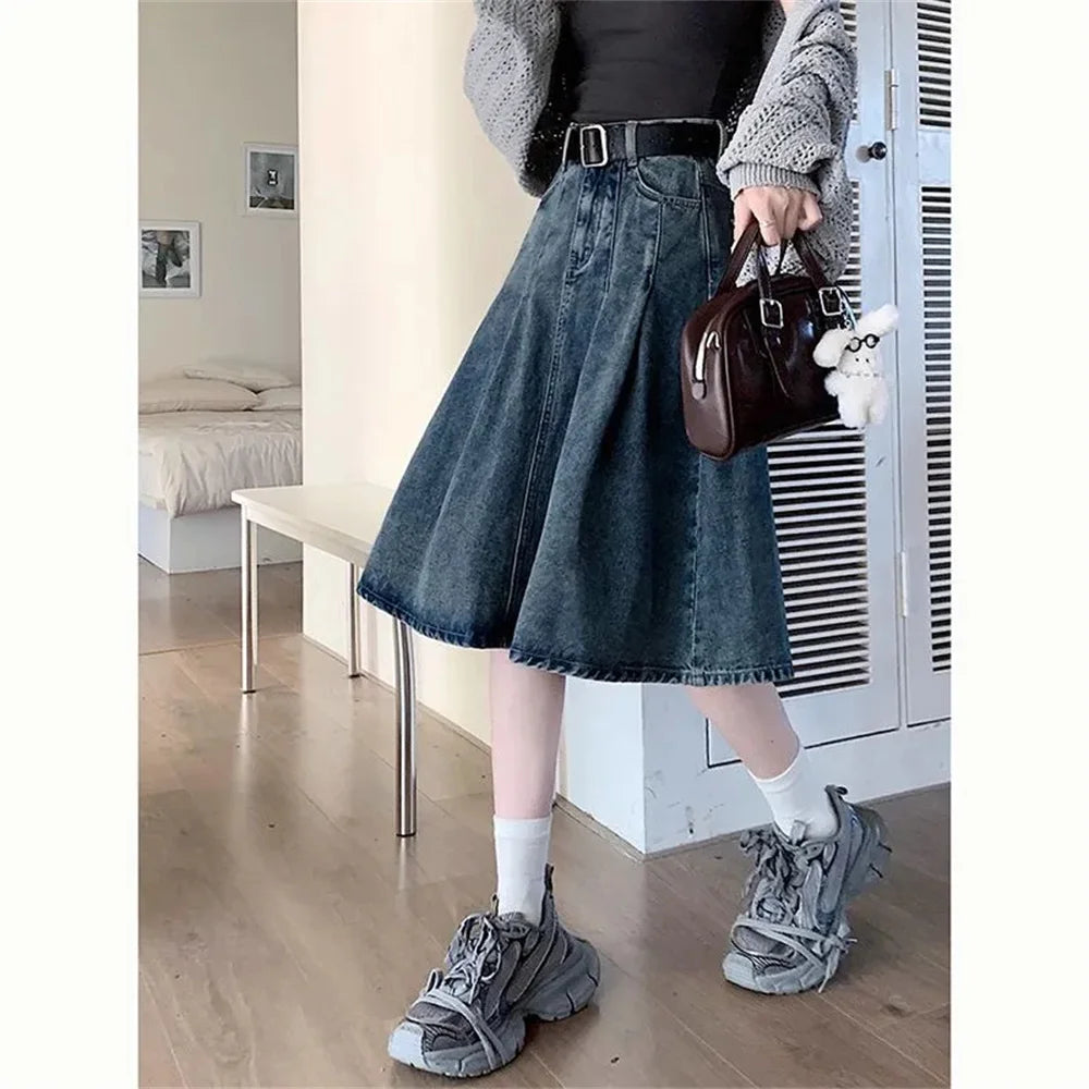Summer Trendy Designer Lady High Waist Jeans Pleated Skirt Women Fashion Vintage Denim Skirts Girls Korean Casual Midi Skirts