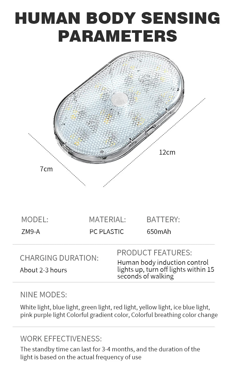 Motion Sensor Led Light 650mAH USB Rechargeable Automatic Induction Sensing Light Wireless Foot Lamp for Car Trunk Door