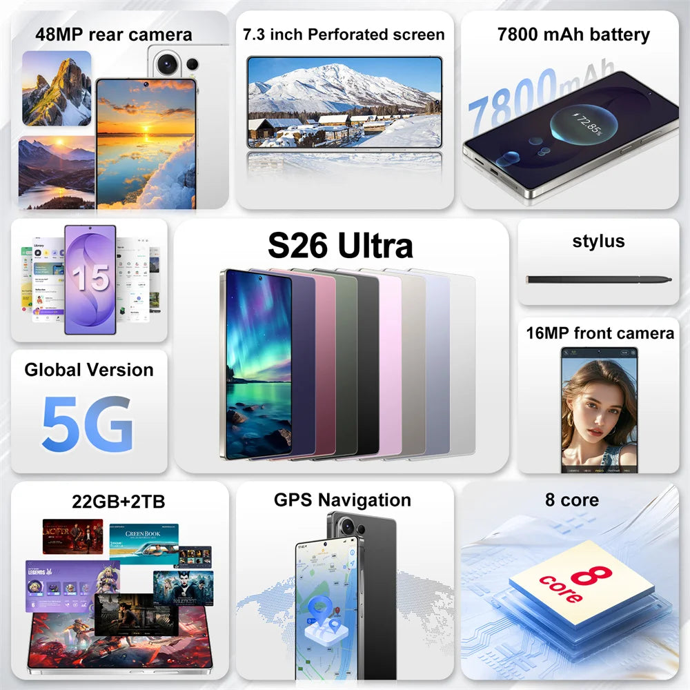 New Mobile Phones for S26 Ultra Smartphone Android 5G 7.3HD Cell Phone 22G+2TB 7800mAh Unlocked Dua Sim Wifi Global Version