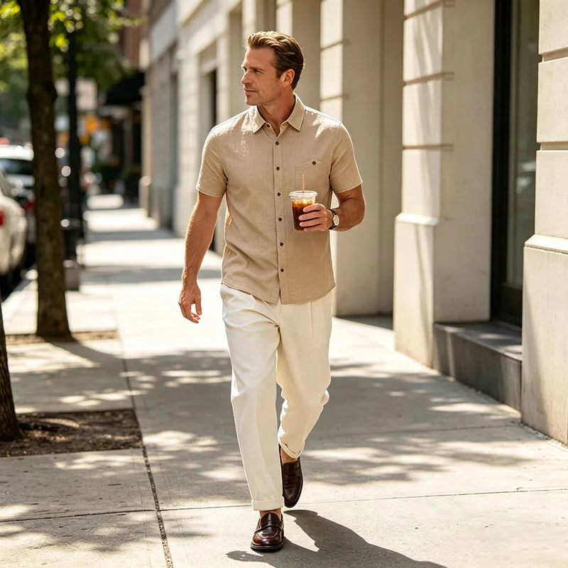 Men's Linen Blend Short Sleeve Button Down Shirt Casual Beach Top with Chest Pocket Breathable Lightweight Summer Shirts for Men