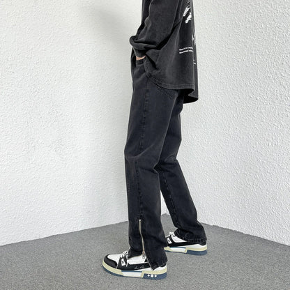 2024 Spring Autumn Korean Men Fashionable Retro Street Jeans Zip Design on Trouser Legs Straight-leg Denim Pants Men's Clothing