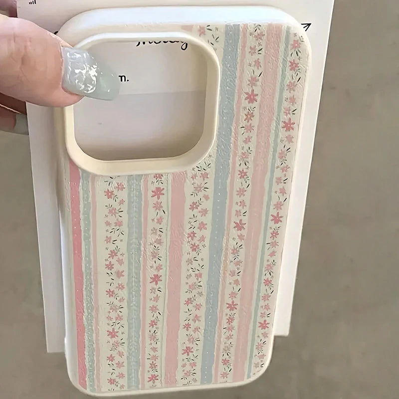 White Floral Blue & Pink Striped Minimalist Pattern Phone Case For Xiaomi Redmi Note 14 Pro Plus5G 13 12 11 10 15C 14C 13C Cover