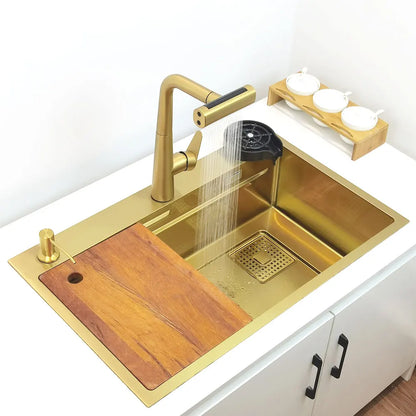 Gold Waterfall Faucet Kitchen Sink Nano Sink 304 Stainless Steel Golden Topmount Single Bowl Wash Basin 4 Function Kitchen Faucet