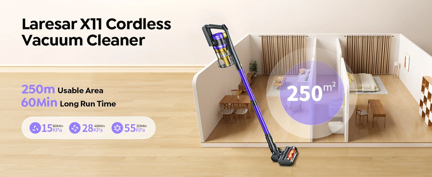 Laresar X11 Cordless Vacuum Cleaner 550W 55KPA Suction Power  Handheld Smart Home Dust Cup 60 Mins Runtime 3 Pcs Hepa Filte Set