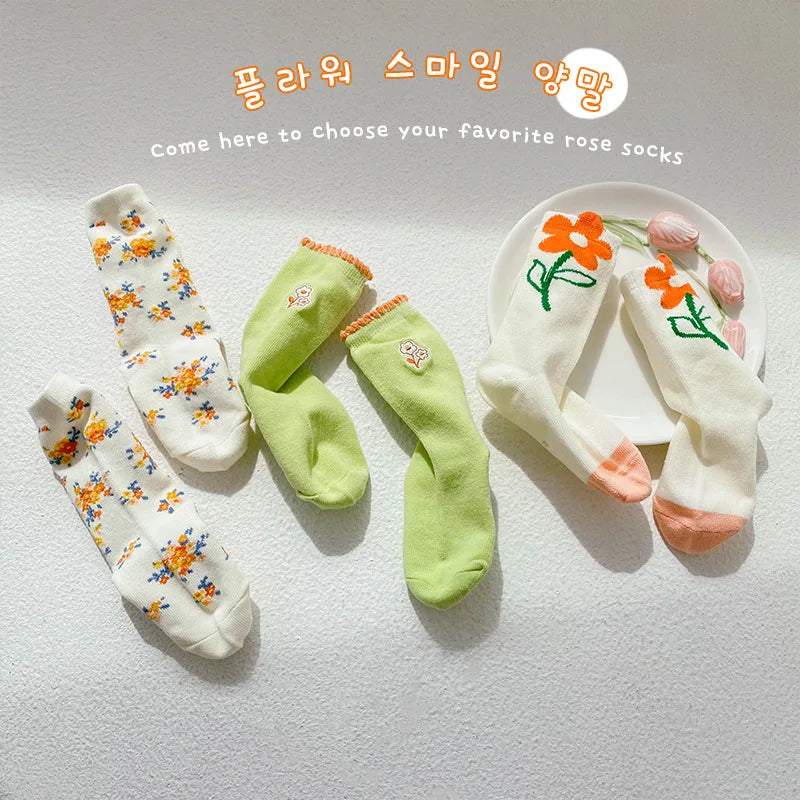 1-12Year 3Pairs Pack 2024 Spring Floral Medium Stockings Embroidery Lace Thin Princess Stockings Girls' Socks