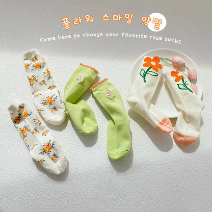 1-12Year 3Pairs Pack 2024 Spring Floral Medium Stockings Embroidery Lace Thin Princess Stockings Girls' Socks