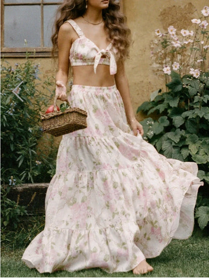 Boho Queens Women Two Piece Suit Outfits Strap Sleeveless Tops Bohemian Drawstring Maxi Skirts 2 Pieces Rayon Cotton Sets