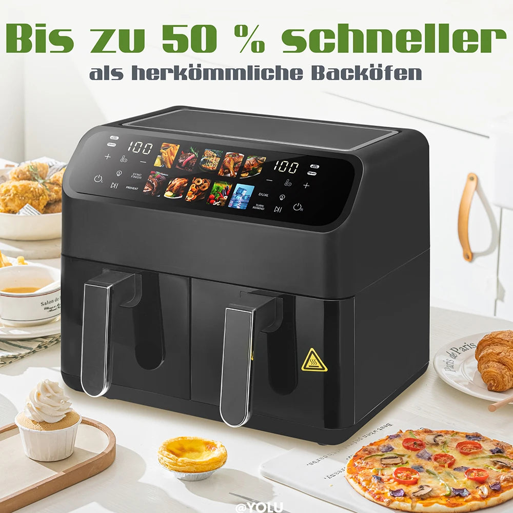 Hot Air Fryer 9L Dual Basket Electric Oilless Cooker Oven with Touch Control,10-In-1 Multifunction,Visible Window,Family Size