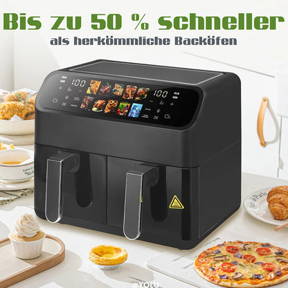 Hot Air Fryer 9L Dual Basket Electric Oilless Cooker Oven with Touch Control,10-In-1 Multifunction,Visible Window,Family Size