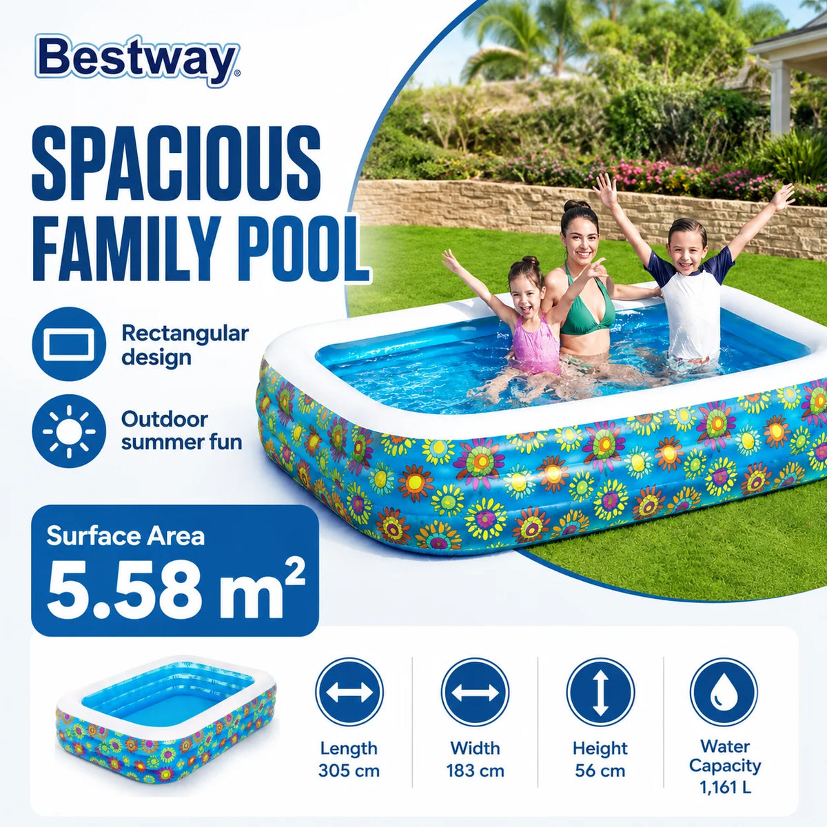 Bestway Rectangular Inflatable Family Swimming Pool 305x183x56cm Floral Outdoor Above Ground Pool for Garden Summer Water Fun