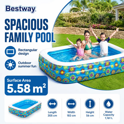 Bestway Rectangular Inflatable Family Swimming Pool 305x183x56cm Floral Outdoor Above Ground Pool for Garden Summer Water Fun