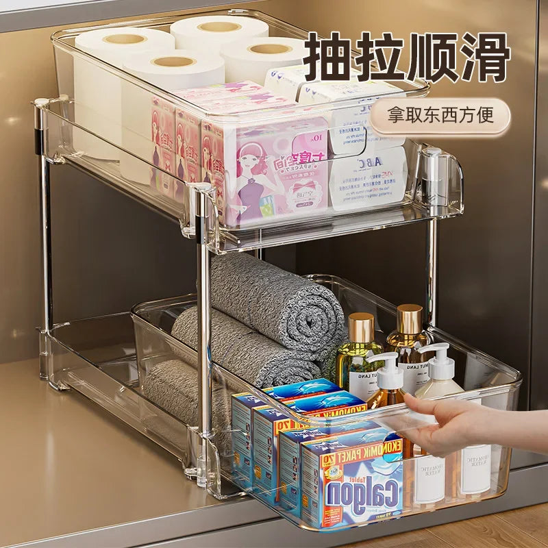 Under Sink Organizer 2-Tier Sliding Pull Out Cabinet Organizer Baskets Cabinet Countertop Sundry Storage Holders Rack Shelf