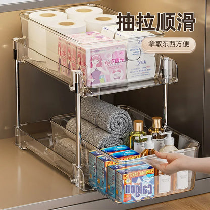 Under Sink Organizer 2-Tier Sliding Pull Out Cabinet Organizer Baskets Cabinet Countertop Sundry Storage Holders Rack Shelf