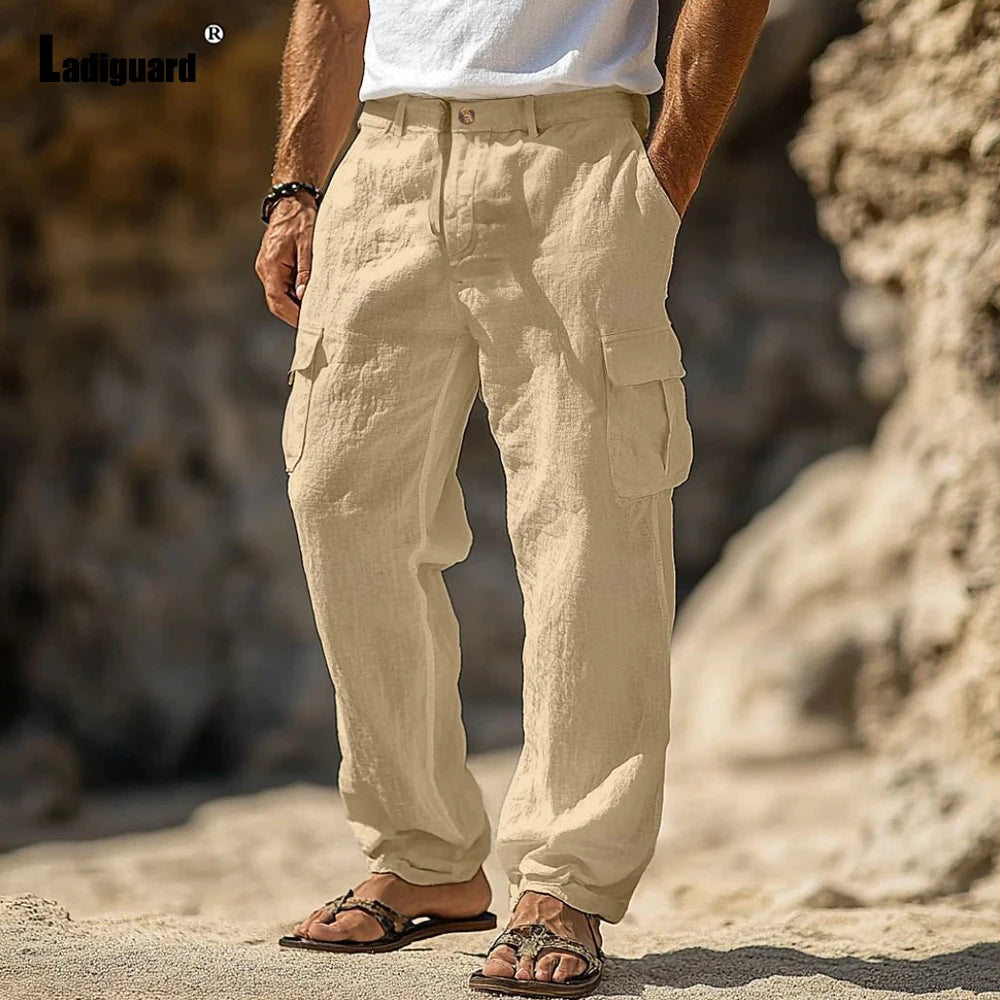 Ladiguard Plus Size Men's Stand Pocket Casual Linen Pants White Black Straight Beach Trousers Mens Fashion Cargo Hotpants New