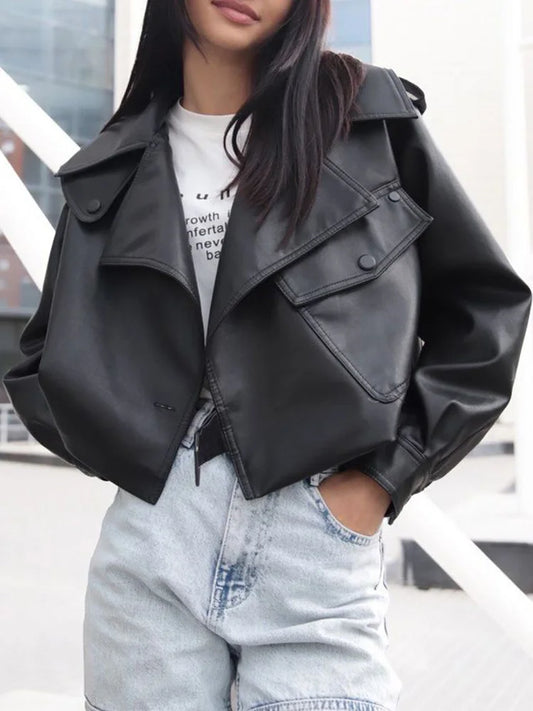 Ailegogo Streetwear Women Moto Biker Loose Short Pu Faux Leather Jacket Spring Autumn Female Big Pocket Coat Outwear