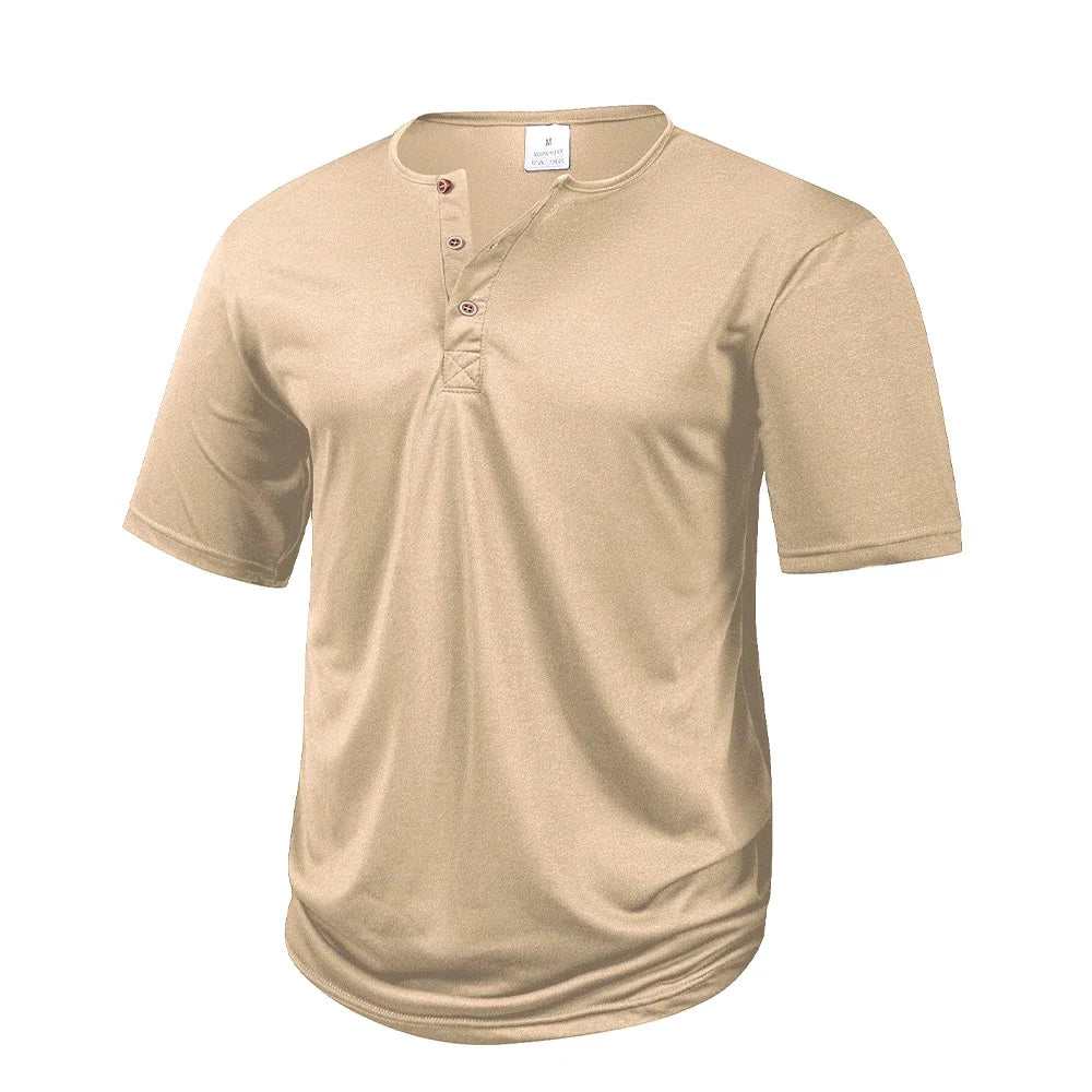 Men's Casual  Henry T Shirt Summer Brown Button Solid Color Polo Short Sleeve Breathable Comfortable Sports Loose T-shirt