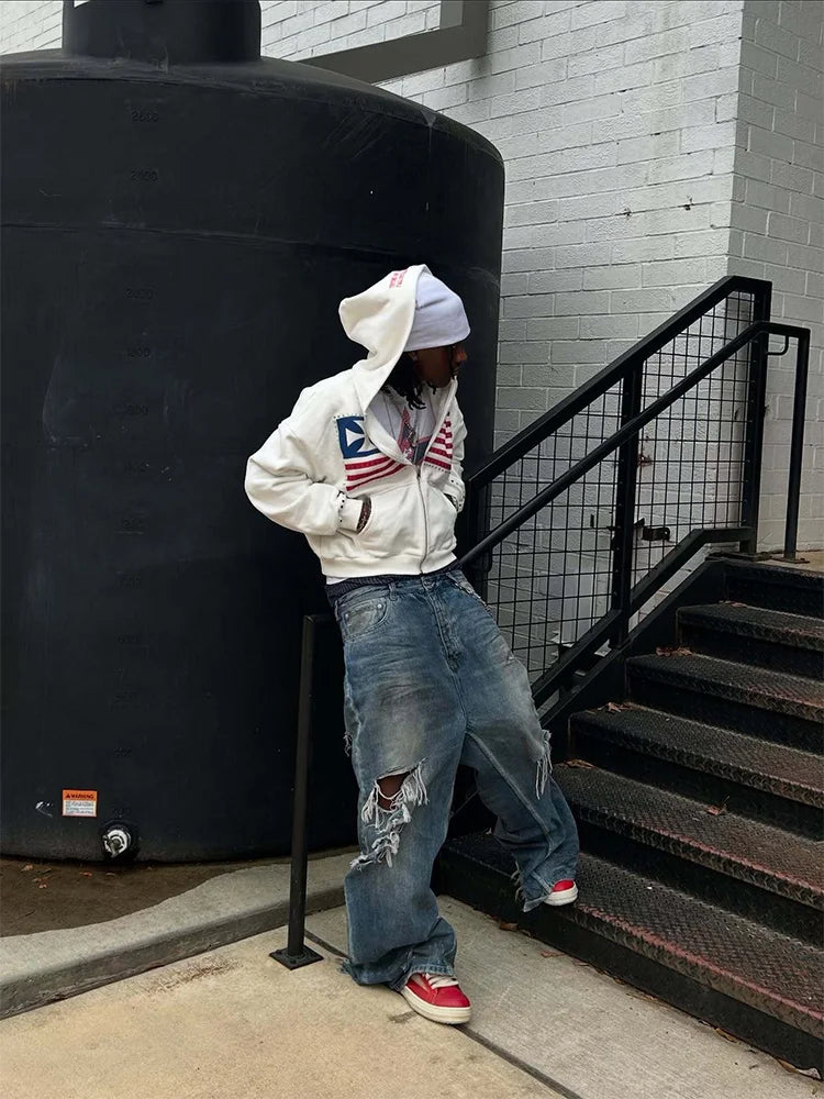 Autumn New National Flag Minimalist Design Color Collision Pattern Men Hooded Sweatshirt Harajuku Y2k Loose Zipper Sweatshirt
