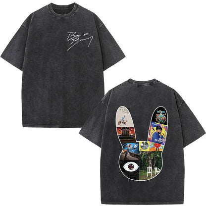 Rapper Bad Bunny Album Cover Print T-shirt Debi Tirar Mas Fotos DTMF Washed Vintage T Shirt Men Women Hip Hop Oversized T-shirts