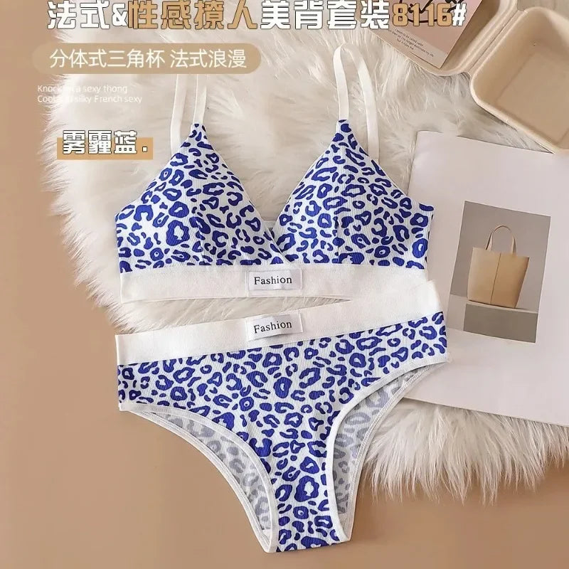 Summer New Women's Leopard Print Traceless and Steel Rim Bra Adjustable Shoulder Strap Back Women's Underwear Set