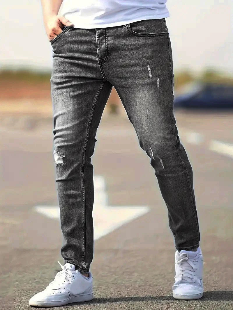 Men's American Retro Hole-Punched Stretch Slim Fit Jeans Zipper Casual Streetwear Denim Pants Classic Black Blue Skinny Trousers