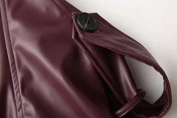 Vintage Lapel Leather Biker Jacket Women Bomber Jacket Short Coat Streetwear Zip Long Sleeve Windproof Outerwear Black Wine Red