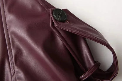 Vintage Lapel Leather Biker Jacket Women Bomber Jacket Short Coat Streetwear Zip Long Sleeve Windproof Outerwear Black Wine Red