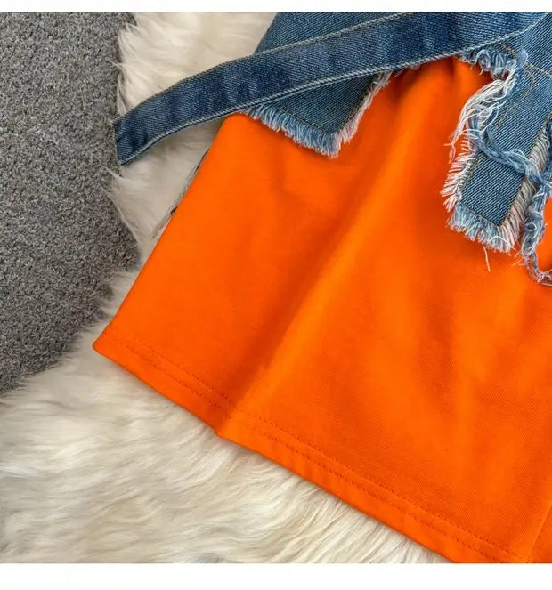 Retro Hong Kong Sle Chic Casual Mid-Length round Ne Patchwork Color Denim irt with Belt Spring New Women's Faion Top