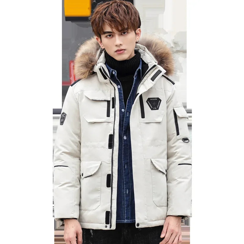 Winter Mens Down Jacket 90% White Duck Down Parkas Coat Mid-length Fur Collar  -30 Degree Keep Warm Male Thicken Snow Overcoats