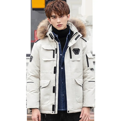 Winter Mens Down Jacket 90% White Duck Down Parkas Coat Mid-length Fur Collar  -30 Degree Keep Warm Male Thicken Snow Overcoats