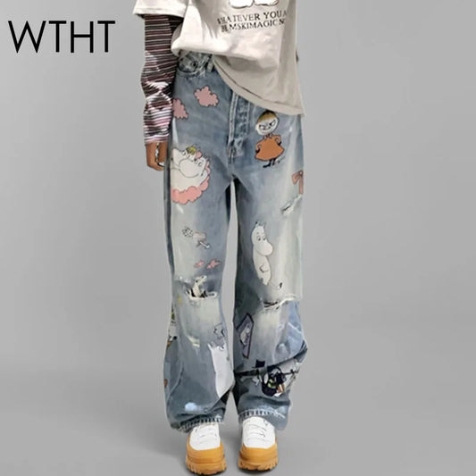 WTHT Fashion Trendy Women's Cartoon Print Hole Straight Jeans 2025 Spring New High Waist Wide Leg Denim Pants Female 1LS1175