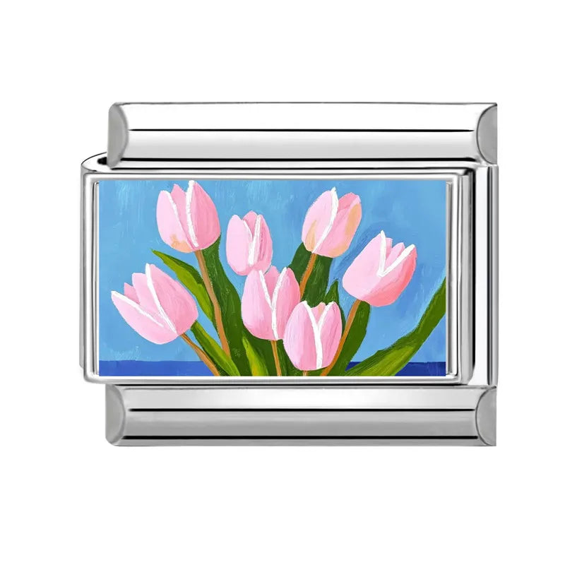 2025 Women's Fashion Colorful Flowers Oil Painting Style Series Italian Charms Fit 9mm Stainless Steel Bracelet DIY Jewelry Gift