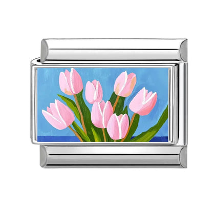 2025 Women's Fashion Colorful Flowers Oil Painting Style Series Italian Charms Fit 9mm Stainless Steel Bracelet DIY Jewelry Gift