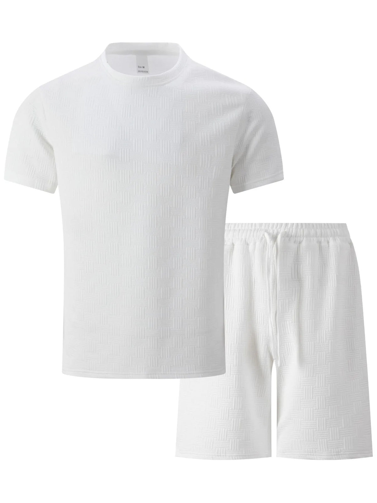 2025 summer new men's suit leisure solid color jacquard round neck fashion all-match short-sleeved T-shirt drawstring shorts set
