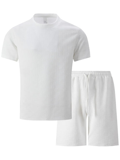 2025 summer new men's suit leisure solid color jacquard round neck fashion all-match short-sleeved T-shirt drawstring shorts set