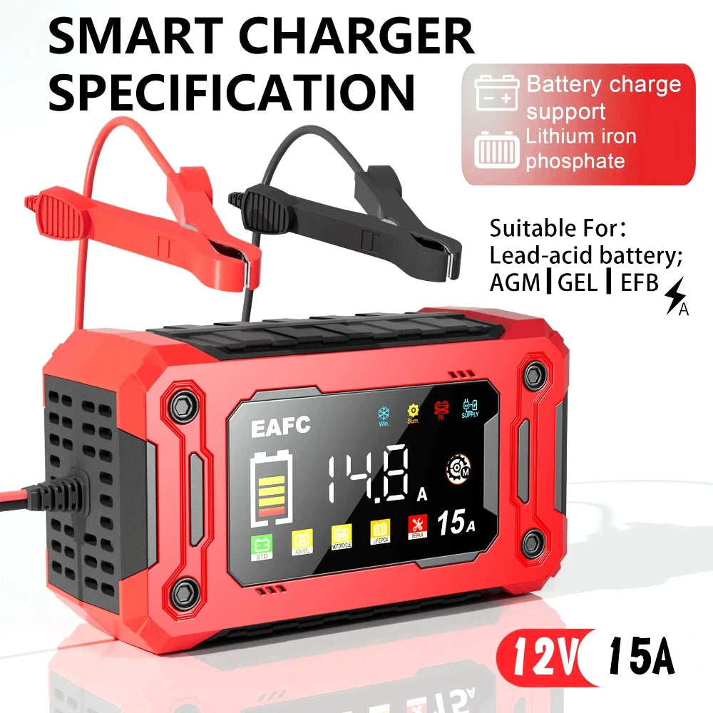 12V 8A /12V 15A Car Battery Charger | One-Touch Pulse Repair & Auto Start | All-in-One Fast Charger for Car, Motorcycle, Truck