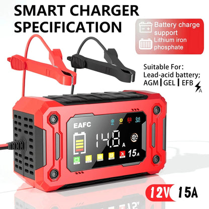12V 8A /12V 15A Car Battery Charger | One-Touch Pulse Repair & Auto Start | All-in-One Fast Charger for Car, Motorcycle, Truck