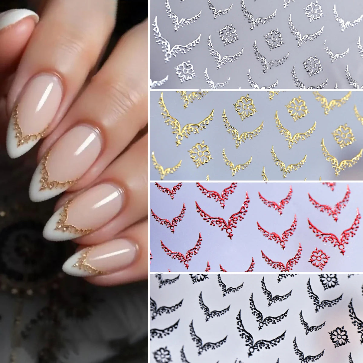 3D Gold Stamping V-Shaped French Tips Nail Art Stickers Retro Metal French Line Nail Decals Chrome Curved Strip Nail Decoration