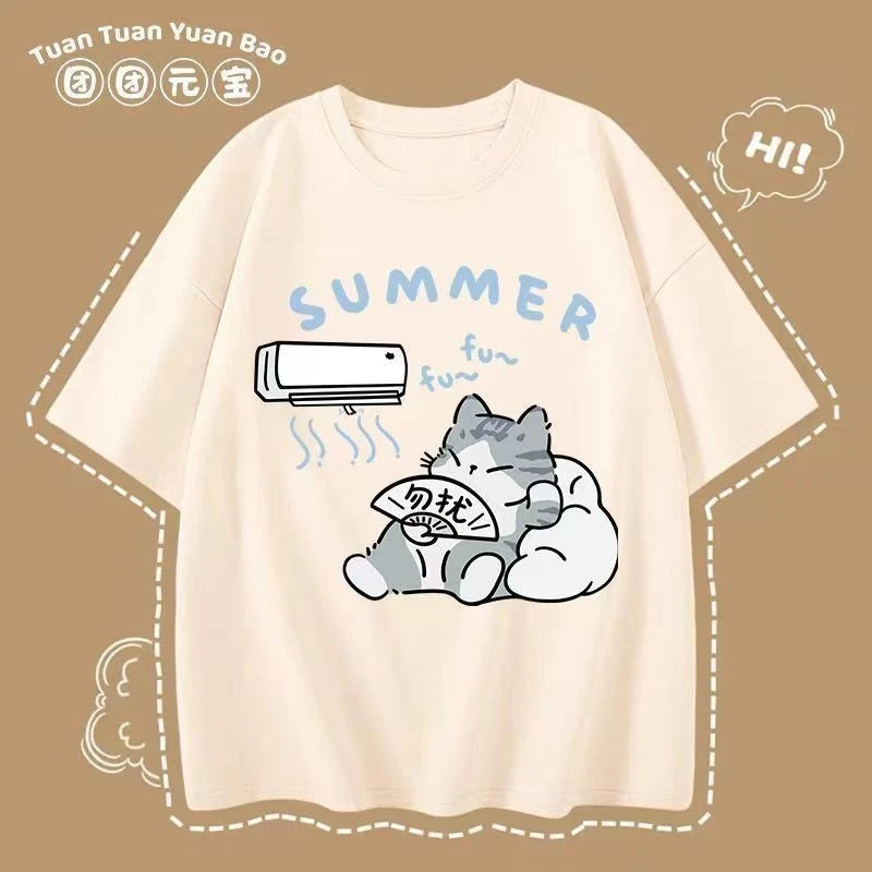 M-8XL Summer Men Oversize T-shirt Korean Casual Loose Style Kitten Blowing Fan Print T-shirt Suitable for Both Men Women