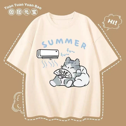 M-8XL Summer Men Oversize T-shirt Korean Casual Loose Style Kitten Blowing Fan Print T-shirt Suitable for Both Men Women