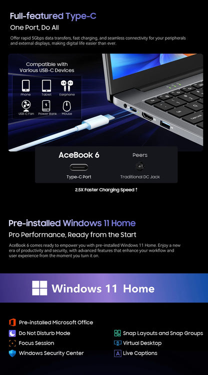 Blackview Acebook 6 Laptop, Laptops Computer for Business Student, Quad-Core N150,16GB DDR4 256GB SSD,15.6” FHD IPS TÜV Screen