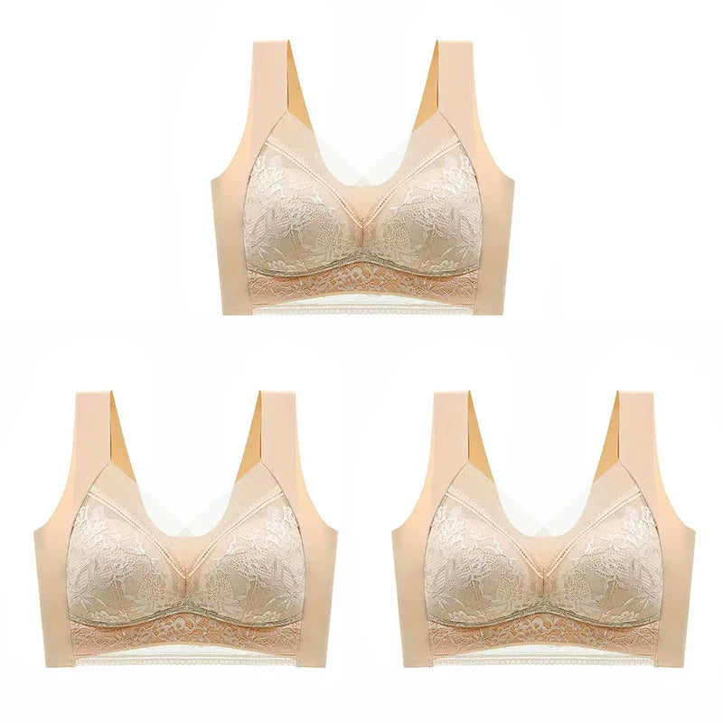 3Pcs Women Lace Bra Perspective Push Up Ice Silk Deep V Bralette Bra Sexy Lingerie Tops Plus Size Cup Mom's underwear L-5XL