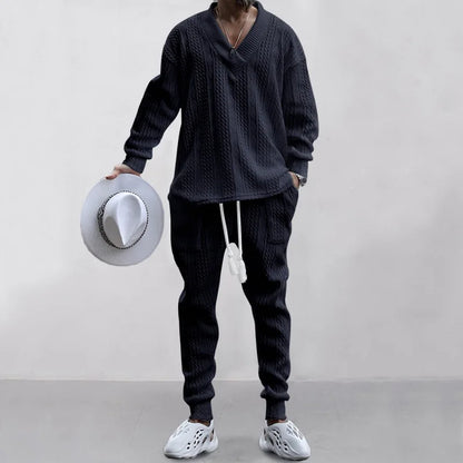 2025 Cross-border New Men's Casual Trousers V-Neck Versatile Jacquard Knitted Sweater Set
